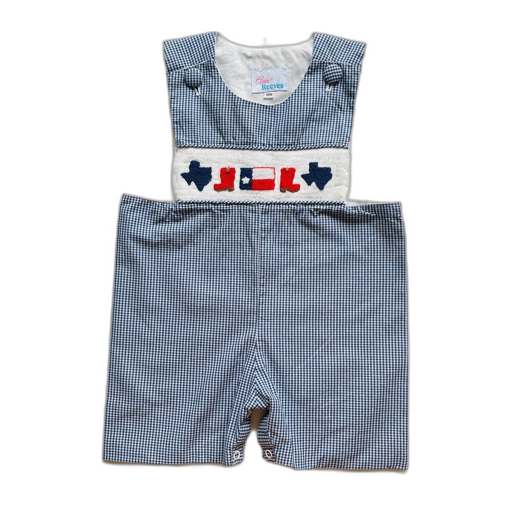 Ann + Reeves Deep In The Heart Smocked Navy Gingham Jon Jon Size 18 months